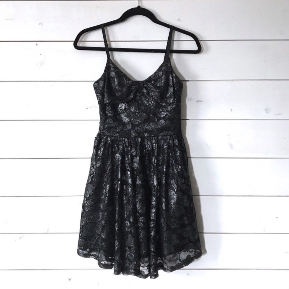 American Rag Black Silver Bow Metallic Lace Dress - Picture 1 of 8
